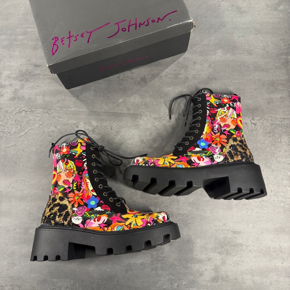 Betsey Johnson Boots Womens 10 Kimmy Black Multi Pop Art Rhinestone NEW $130